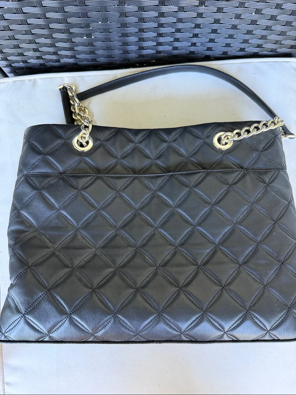 kate spade Black Quilted Leather Tote with Gold Chain Straps